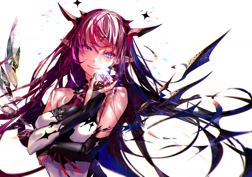 1girl bangs bare_shoulders blue_eyes breasts bridal_gauntlets closed_mouth dress hand_up heterochromia highres holding hololive hololive_english horns irys_(hololive) long_hair looking_at_viewer medium_breasts multiple_horns pointy_ears purple_hair redjuice simple_background smile solo underwear upper_body violet_eyes virtual_youtuber white_background white_dress wings