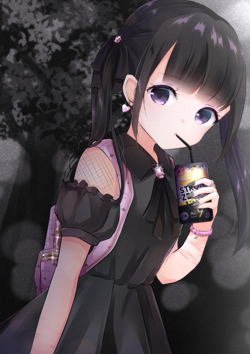 1girl absurdres backpack bag bandaged_arm bandages bangs bendy_straw black_bow black_dress black_hair black_nails bow can collared_dress commentary_request dress drinking_straw eyebrows_visible_through_hair glint hair_bow highres holding holding_can inahori long_sleeves looking_at_viewer nail_polish original parted_lips puffy_long_sleeves puffy_sleeves solo strong_zero tree twintails violet_eyes
