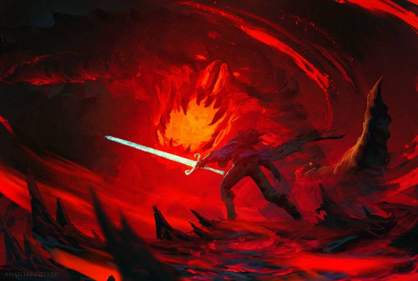 absurdres anato_finnstark attack balrog_(lord_of_the_rings) battle ecthelion glowing glowing_sword glowing_weapon gothmog highres holding holding_sword holding_weapon pants red_theme sword the_silmarillion tolkien's_legendarium weapon