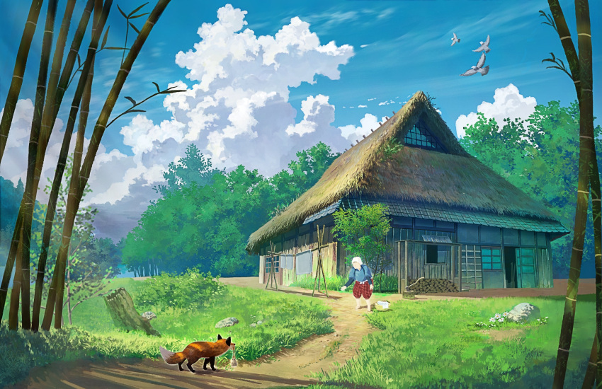 1girl animal barefoot blue_sky clouds cloudy_sky commentary_request day fox full_body highres mature_female naohiro original outdoors path road scenery sky tree