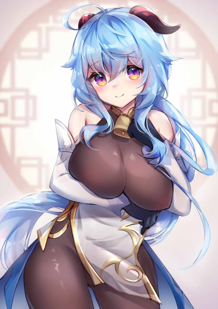 1girl ahoge arm_under_breasts bangs bare_shoulders bell black_gloves black_legwear blue_hair blush bodystocking bodysuit breasts covered_nipples detached_sleeves eyebrows_visible_through_hair ganyu_(genshin_impact) genshin_impact gloves gold_trim groin highres horns large_breasts long_hair looking_at_viewer multicolored_eyes neck_bell pelvic_curtain reward_available sidelocks smile solo standing thighs umou_(may65879) very_long_hair violet_eyes white_sleeves