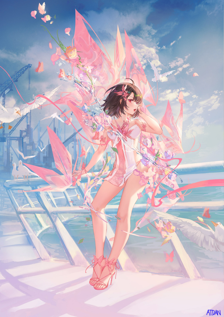 1girl abstract ahoge artist_name atdan bangs bare_arms bare_legs bare_shoulders bird blue_sky breasts brown_hair bug butterfly butterfly_hair_ornament clouds commentary dress english_commentary eyebrows_visible_through_hair feet flower full_body hair_ornament hand_up high_heels highres industrial large_breasts leaning_on_rail looking_at_viewer open_mouth original outdoors pink_footwear red_eyes revision short_hair sky solo standing strapless strapless_dress water waves white_dress