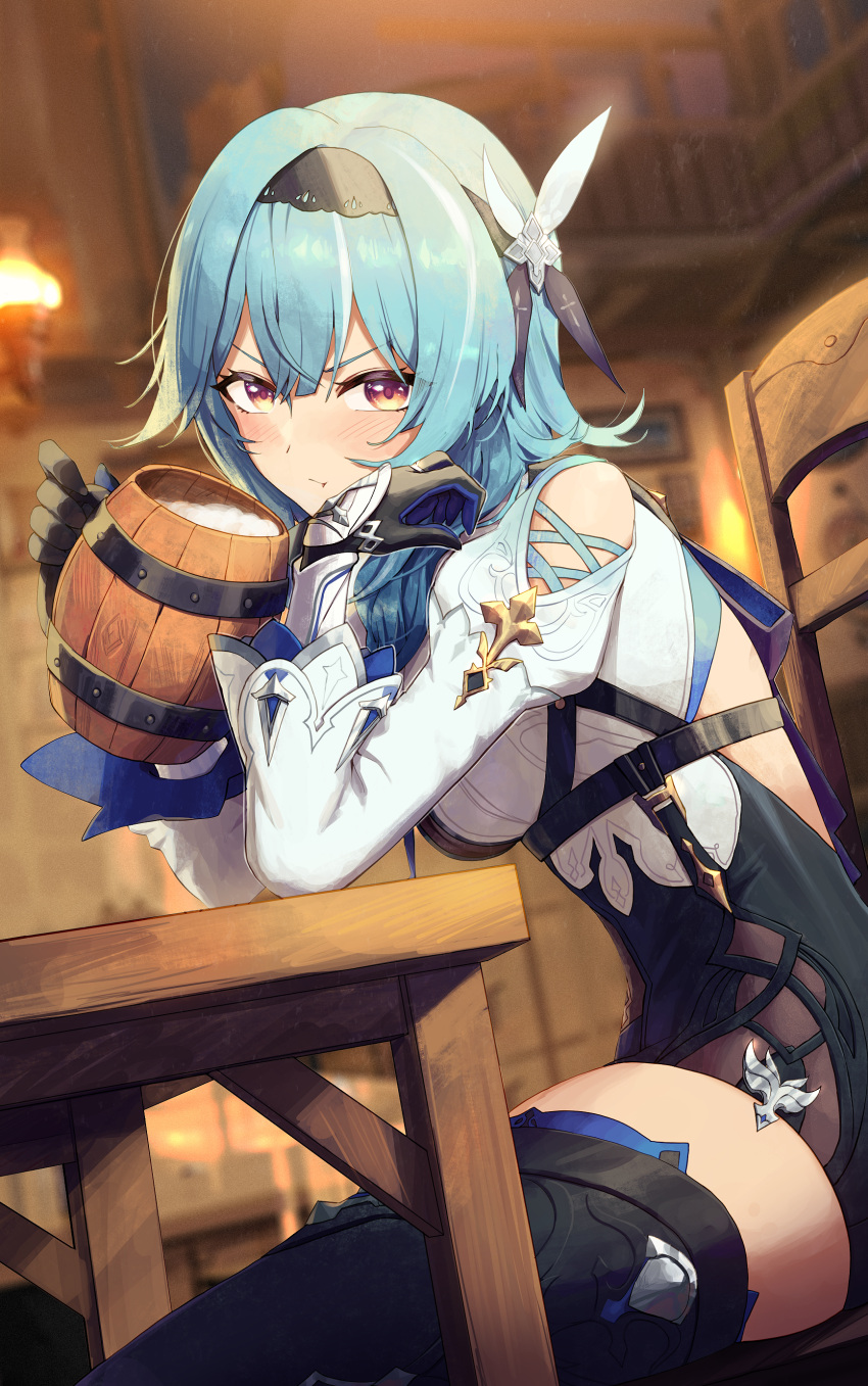 1girl :t absurdres alcohol back_cutout bangs bar bare_shoulders beer beer_mug black_gloves black_hairband black_legwear blue_hair blush breasts closed_mouth clothing_cutout commentary_request cup eula_(genshin_impact) eyebrows_visible_through_hair genshin_impact gloves hair_ornament hairband highres holding holding_cup indoors juliet_sleeves long_hair long_sleeves looking_at_viewer medium_breasts mug pellas_(panix2383) pout puffy_sleeves shoulder_cutout sitting solo thigh-highs underbust v-shaped_eyebrows wooden_table yellow_eyes