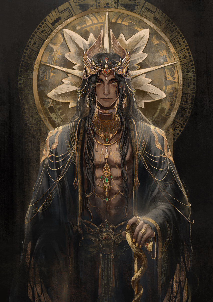 1boy absurdres angel azik_eggers bare_pectorals black_hair black_robe chinese_commentary choker commentary_request crown dark dark_skin earrings gold halo highres jewelry lips long_hair long_sleeves looking_at_viewer lord_of_the_mysteries lunara necklace pectorals ring scepter snake solo yellow_eyes