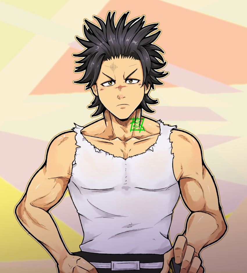 1boy bare_arms black_clover black_hair frown highres kir_(kir_keropi) looking_at_viewer male_focus pectorals scar scar_on_face scar_on_nose short_hair solo spiky_hair tank_top toned toned_male white_tank_top yami_sukehiro younger