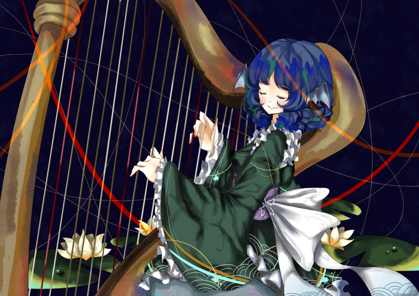 1girl blue_hair blush bow chinese_commentary closed_eyes closed_mouth commentary_request drill_hair eyebrows_visible_through_hair flower frilled_kimono frills green_kimono harp harukasa head_wings highres instrument japanese_clothes kimono lily_(flower) lily_pad medium_hair mermaid monster_girl music obi playing_instrument sash smile solo string touhou upper_body waist_bow wakasagihime water_drop white_bow