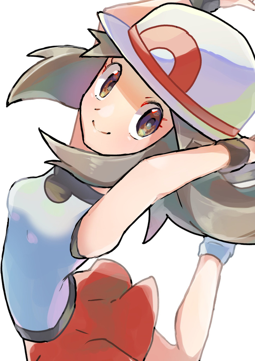 1girl blue_legwear blue_shirt breasts brown_eyes brown_hair bucket_hat closed_mouth commentary_request eyelashes hair_flaps hat highres leaf_(pokemon) long_hair looking_at_viewer loose_socks pokefia pokemon pokemon_(game) pokemon_frlg red_skirt shirt simple_background skirt sleeveless sleeveless_shirt smile solo white_background white_headwear wristband