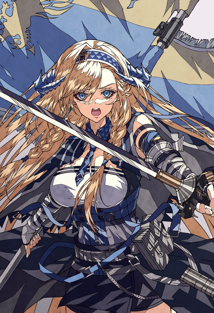 1girl absurdres arknights banner bare_shoulders belt belt_pouch black_gloves black_skirt blonde_hair blue_eyes blue_hairband blue_necktie braid breasts cowboy_shot dragon_horns dual_wielding elbow_gloves fingerless_gloves gloves hair_between_eyes hairband highres holding holding_sword holding_weapon horns large_breasts long_hair looking_at_viewer necktie open_mouth outstretched_arm pointy_ears pouch saileach_(arknights) shokikanes skirt solo sword twin_braids underbust very_long_hair weapon
