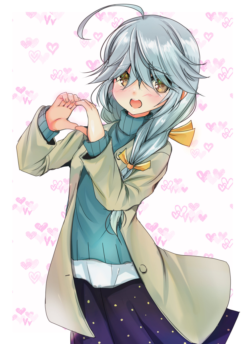 1girl absurdres ahoge alternate_costume beige_coat black_ribbon blue_skirt blue_sweater braid brown_eyes coat commentary_request grey_hair hair_over_eyes hair_ribbon hamanami_(kancolle) heart heart_hands highres kantai_collection long_hair open_mouth polka_dot_skirt ribbon round_teeth single_braid skirt smile solo sweater teeth upper_teeth white_background yashin_(yasinz)