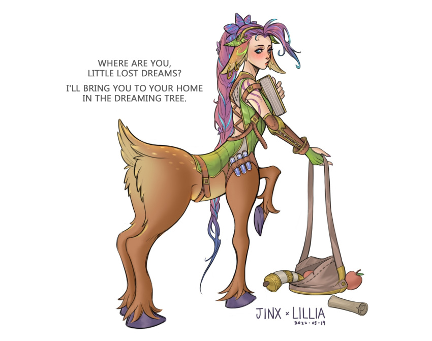 1girl animal_ears apple bag bangs bare_shoulders brown_bag character_name dated diter-trsey english_text fingerless_gloves flower food from_side fruit full_body fusion gloves green_gloves hair_flower hair_ornament highres holding holding_bag jinx_(league_of_legends) knee_up league_of_legends lillia_(league_of_legends) long_hair looking_at_viewer pink_hair pink_nails smile solo taur