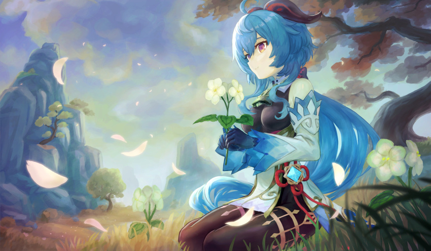 1girl ahoge bangs bare_shoulders bell black_legwear blue_gloves blue_hair bow breasts chinese_knot detached_sleeves dusk evening flower flower_knot ganyu_(genshin_impact) genshin_impact gloves gold_trim highres holding holding_flower horns light_smile long_hair looking_to_the_side low_ponytail medium_breasts mountain neck_bell outdoors petals qingxin_flower ramp_off_(m384ath871) red_rope rope sidelocks sitting solo tassel thighlet thighs tree violet_eyes vision_(genshin_impact) white_flower white_sleeves yokozuwari