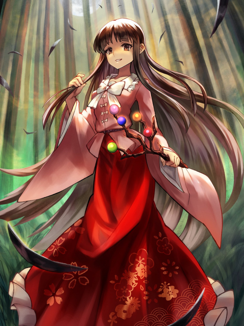 1girl bamboo bamboo_forest bamboo_print bangs blunt_bangs blush bow bowtie branch brown_eyes brown_hair commentary_request eyebrows_visible_through_hair eyelashes forest frilled_shirt_collar frilled_skirt frills highres hime_cut holding houraisan_kaguya japanese_clothes jeweled_branch_of_hourai leaf_print long_hair long_skirt long_sleeves looking_at_viewer nature night outdoors parted_lips pink_shirt red_skirt ribbon shirt skirt smile solo standing teo_(telo_ruka) touhou white_bow white_bowtie white_ribbon