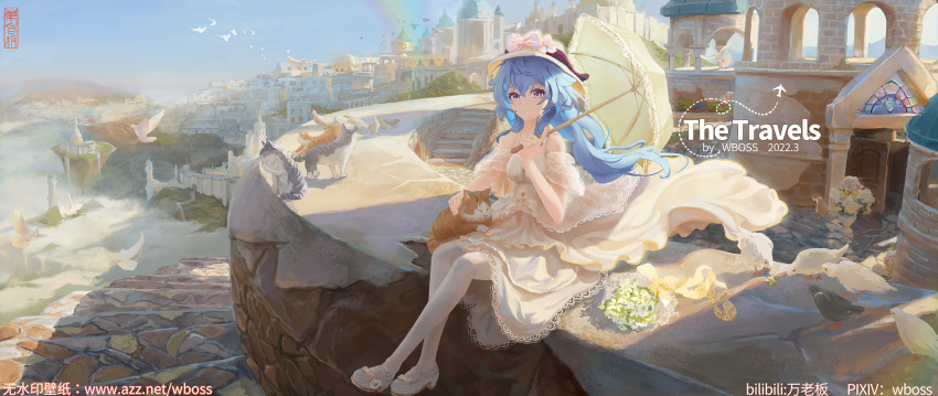 1girl architecture artist_name backlighting bangs bird blue_hair blush bouquet bride building cat city cityscape day dress flower ganyu_(genshin_impact) genshin_impact highres holding holding_umbrella horns long_hair looking_at_viewer low_ponytail road scenery sitting smile stairs umbrella violet_eyes wboss white_dress white_flower white_footwear white_headwear white_legwear