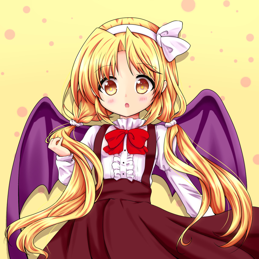 1girl :o alternate_hairstyle blonde_hair blush bow brown_skirt colorized highres juliet_sleeves korumoran kurumi_(touhou) long_sleeves low_twintails open_mouth puffy_sleeves red_bow shirt simple_background skirt suspender_skirt suspenders touhou touhou_(pc-98) twintails upper_body white_shirt yellow_background yellow_eyes
