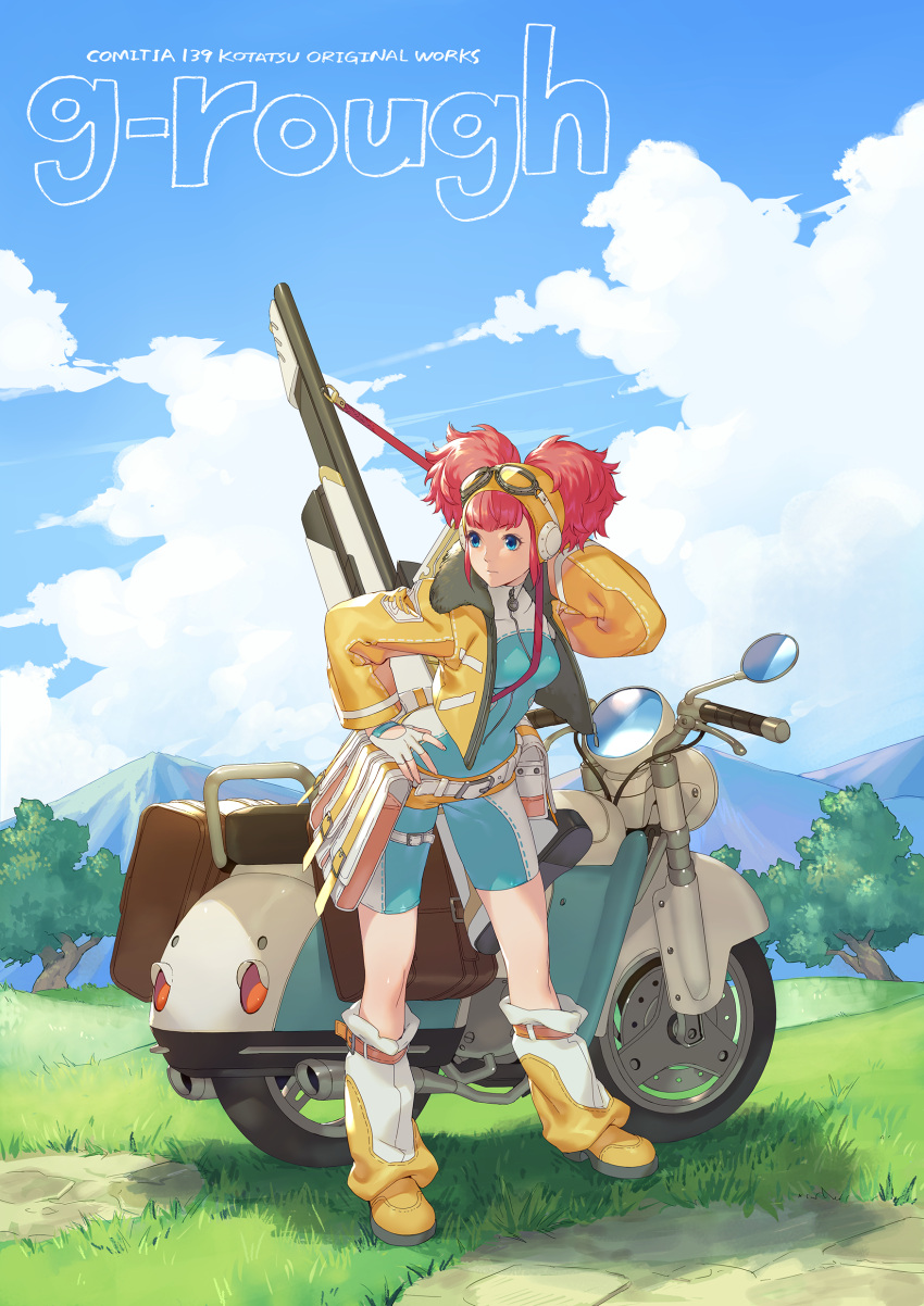 1girl absurdres blue_bodysuit blue_eyes blue_sky bodysuit boots closed_mouth clouds day gloves goggles goggles_on_head grass ground_vehicle gun hand_up highres kotatsu_(g-rough) motor_vehicle original outdoors redhead scooter sky solo standing twintails weapon white_gloves