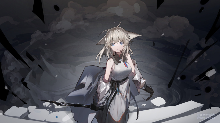 1girl absurdres animal_ears arknights arknights:_endfield artist_name bare_shoulders belt belt_pouch black_gloves blue_eyes breasts cat_ears closed_mouth debris from_above gloves grey_jacket grey_skirt highres holding jacket long_hair long_skirt long_sleeves looking_at_viewer looking_up medium_breasts off_shoulder open_clothes open_jacket perlica_(arknights) pouch rockyroo shirt silver_hair skirt smile smoke solo white_shirt