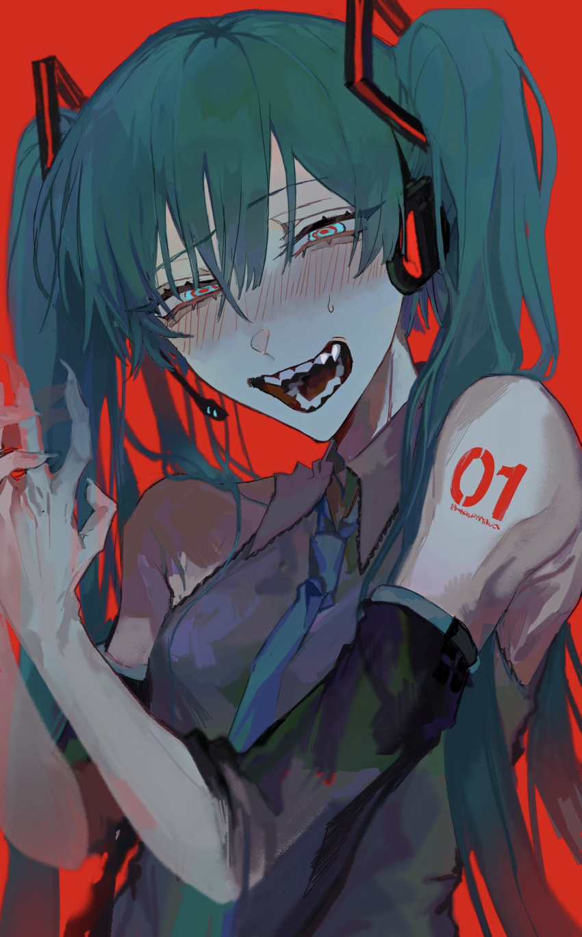 1girl bare_shoulders blue_eyes blue_hair blush breasts detached_sleeves hair_ornament hatsune_miku highres kuroume_(aihikarikuroume24) long_hair looking_at_viewer necktie open_mouth red_background shirt simple_background sleeveless solo teeth twintails very_long_hair vocaloid