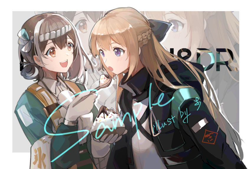 2girls arknights bandana bangs blonde_hair blue_eyes border bowl braid brown_hair chinese_commentary chocolate_syrup collared_shirt commentary_request doctor_(arknights) feeding female_doctor_(arknights) gloves hair_bun hair_ribbon highres holding holding_spoon leaning_forward light_blush looking_at_another magallan_(arknights) magallan_(shaved-ice_memories)_(arknights) multiple_girls open_mouth oversized_clothes rhodes_island_logo ribbon sample_watermark shaved_ice shirt sidelocks smile spoon tianye_toshi white_background white_bandana white_gloves white_hair white_shirt