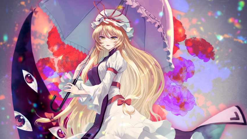 1girl bangs blonde_hair blush bow breasts commentary_request dress eyebrows_visible_through_hair flower flying gap_(touhou) gradient gradient_background grey_background hair_between_eyes hair_bow hands_up hat hat_bow highres holding holding_umbrella juliet_sleeves long_hair long_sleeves looking_at_viewer medium_breasts mob_cap neko61 open_mouth puffy_sleeves purple_flower purple_rose red_bow red_flower red_rose rose smile solo tabard touhou umbrella upper_body violet_eyes white_dress white_headwear wide_sleeves yakumo_yukari yellow_eyes