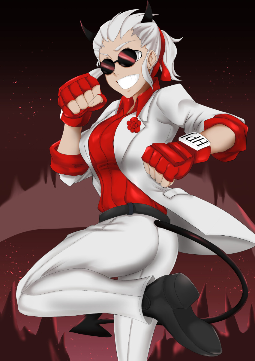 1girl absurdres alternate_costume bandana belt demon_girl demon_horns demon_tail gloves helltaker highres horns justice_(helltaker) kasey_n._moore panties red_gloves red_shirt shirt smile sunglasses tail underwear white_panties