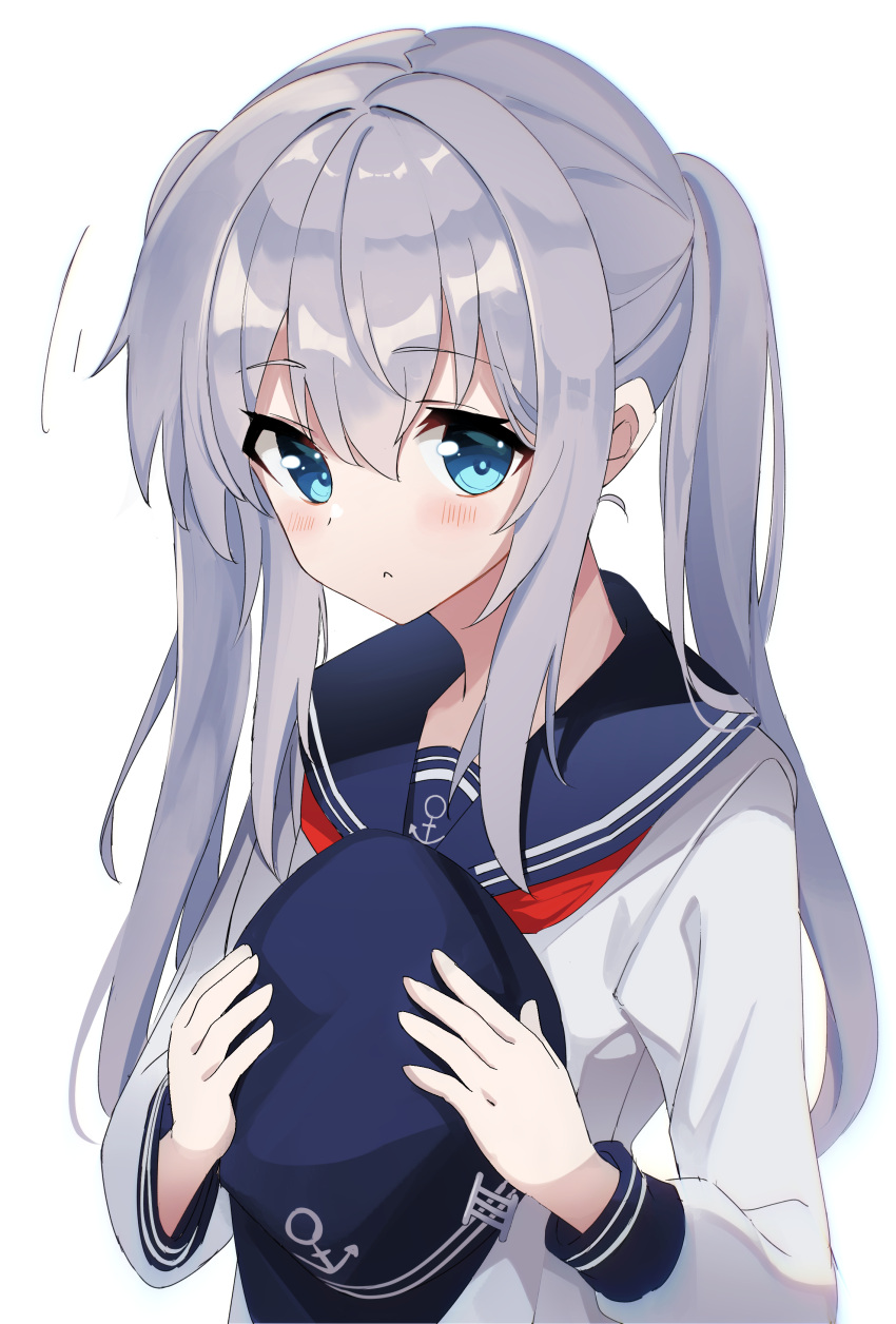 1girl absurdres alternate_hairstyle anchor_symbol blue_eyes blue_headwear blue_sailor_collar eyebrows_visible_through_hair fathom hair_between_eyes hat hibiki_(kancolle) highres holding holding_clothes holding_hat kantai_collection long_sleeves looking_at_viewer neckerchief red_neckerchief sailor_collar sidelocks silver_hair twintails white_background