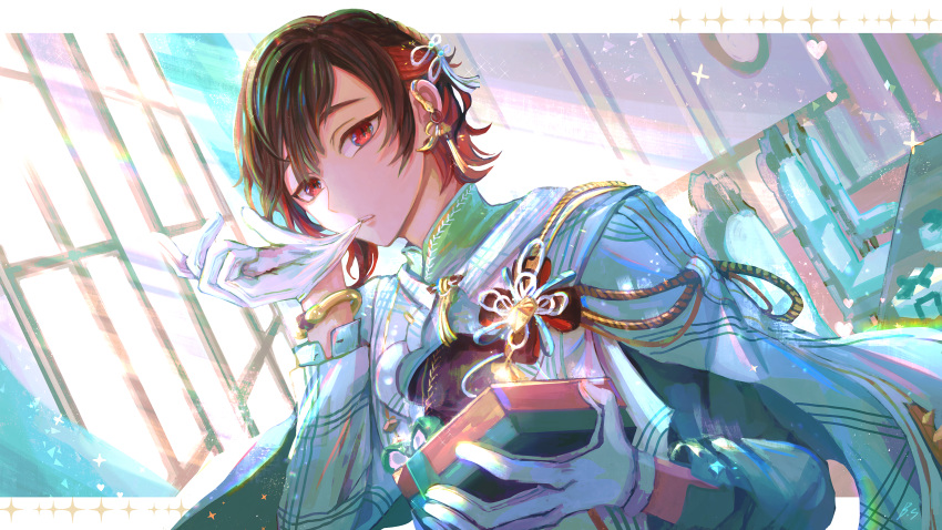 1boy absurdres bishounen bracelet braid brown_hair chair collared_shirt dutch_angle earrings gift glove_in_mouth gloves hair_ornament heart highres holding holding_gift jewelry light male_focus mouth_hold nu_carnival red_eyes removing_glove shirt solo sparkle sunlight table white_gloves window yakumo_(nu_carnival) zhuo_ying