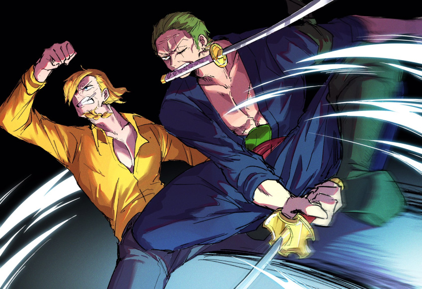 2boys blonde_hair commentary_request facial_hair hair_over_one_eye highres holding holding_weapon incoming_attack jumping katana male_focus multiple_boys one_piece open_clothes open_shirt roronoa_zoro sanji short_hair simple_background smile sorase_(srsrs_000) sword teeth teeth_hold weapon