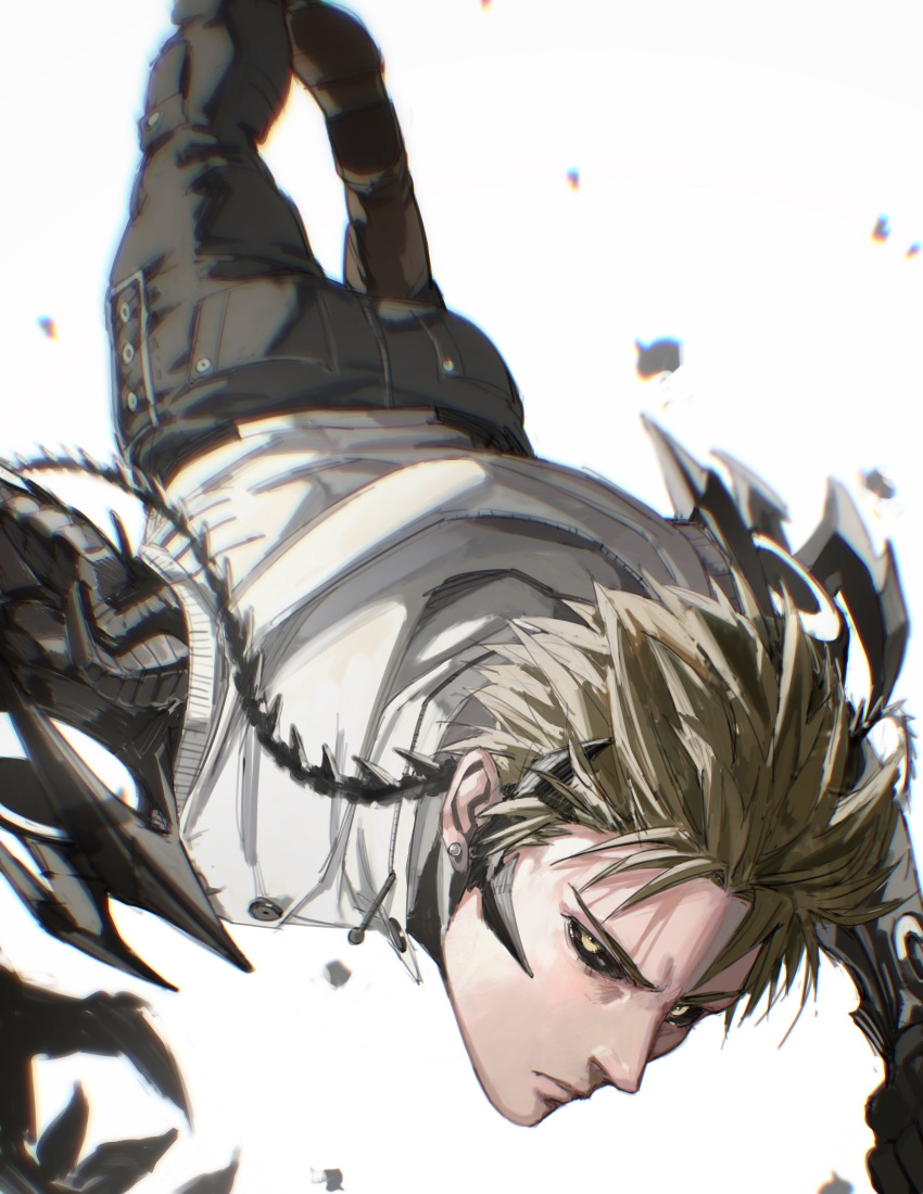 1boy absurdres bangs black_pants black_sclera blonde_hair chromatic_aberration closed_mouth colored_sclera commentary cyborg earrings genos highres jewelry lips looking_at_viewer male_focus midair nose one-punch_man pants serious shirt short_hair simple_background solo spiky_hair thisuserisalive tsurime upside-down v-shaped_eyebrows white_background white_shirt yellow_eyes
