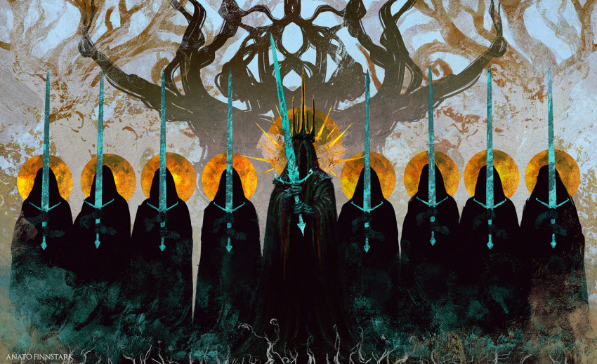 6+others anato_finnstark bare_tree cloak covered_face crown halo holding holding_sword holding_weapon multiple_others nazgul sword the_lord_of_the_rings tolkien's_legendarium tree weapon witch_king_of_angmar