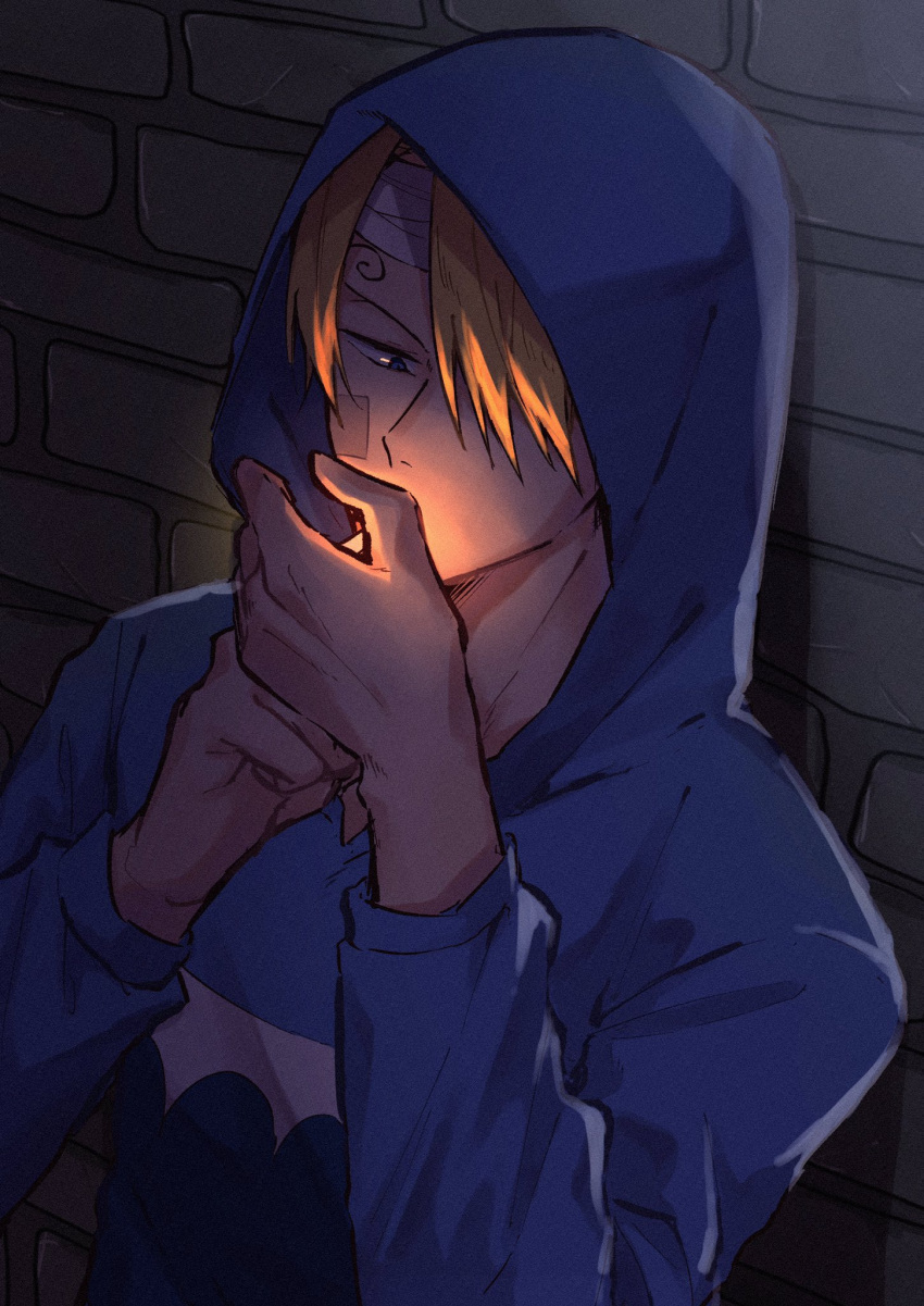 1boy against_wall alley blonde_hair brick_wall cigarette commentary_request hair_over_one_eye highres hood hoodie lighting_cigarette long_sleeves male_focus one_piece sanji short_hair sorase_(srsrs_000)
