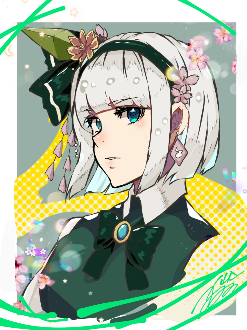 1girl aojirozame1228 bangs blue_eyes blunt_bangs bob_cut border bow bowtie brooch cropped_torso earrings expressionless eyebrows_visible_through_hair face green_bow green_bowtie green_hairband green_ribbon hair_ribbon hairband highres jewelry konpaku_youmu light_blush outside_border parted_lips ribbon short_hair silver_hair solo touhou upper_body white_border