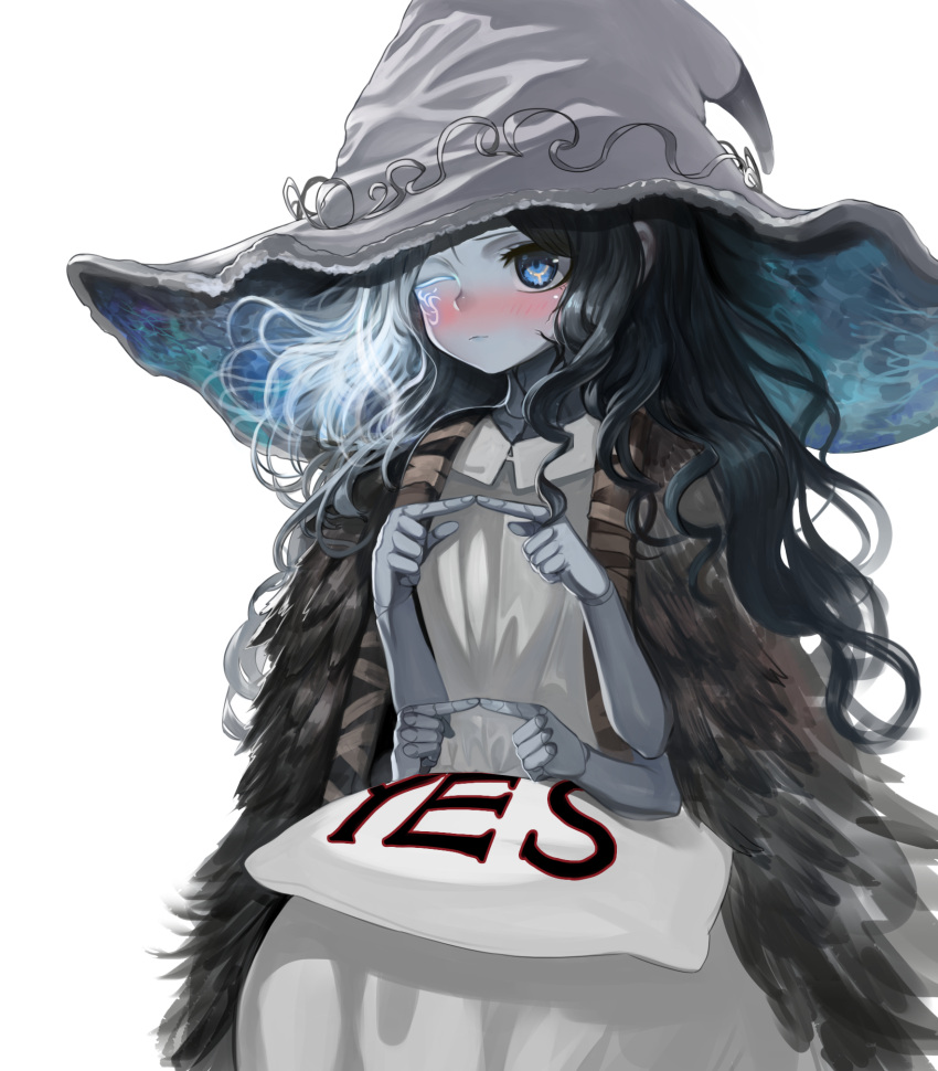 1girl blue_eyes blue_hair blue_lips blue_skin blush colored_skin crack cracked_skin dokomon elden_ring embarrassed extra_arms fingers_together fur_coat glowing_tattoo hat highres long_hair ranni_the_witch robe simple_background solo tattoo wavy_hair white_background witch witch_hat yes-no_pillow