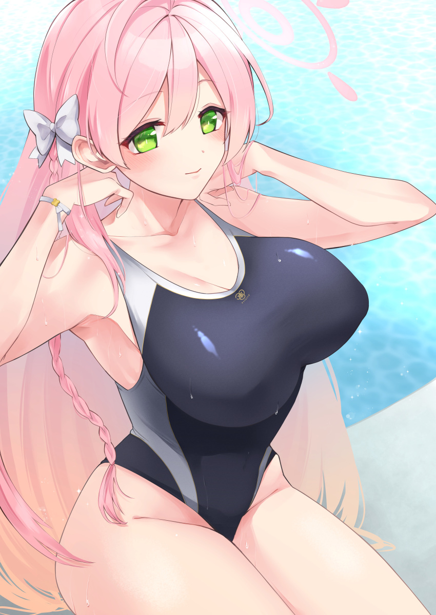 1girl absurdres black_swimsuit blue_archive bow braid breasts competition_swimsuit cowboy_shot gradient_hair green_eyes hair_bow hanako_(blue_archive) highres large_breasts multicolored_hair one-piece_swimsuit pink_hair single_braid sitting solo sonooouchi swimsuit white_bow