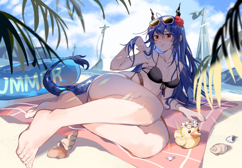 1girl arknights bangs bare_arms bare_legs bare_shoulders barefoot beach_towel bikini black_bikini blue_hair blue_sky boat breasts ch'en_(arknights) ch'en_the_holungday_(arknights) chinese_commentary clouds commentary_request conch day dragon_horns dragon_tail eyewear_on_head flower front-tie_bikini front-tie_top hair_between_eyes hair_flower hair_ornament highres horns innertube large_breasts long_hair looking_at_viewer outdoors red_eyes red_flower si_san_jiu_jiu_(zephov) sky solo stomach sunglasses swimsuit tail thighs towel watercraft