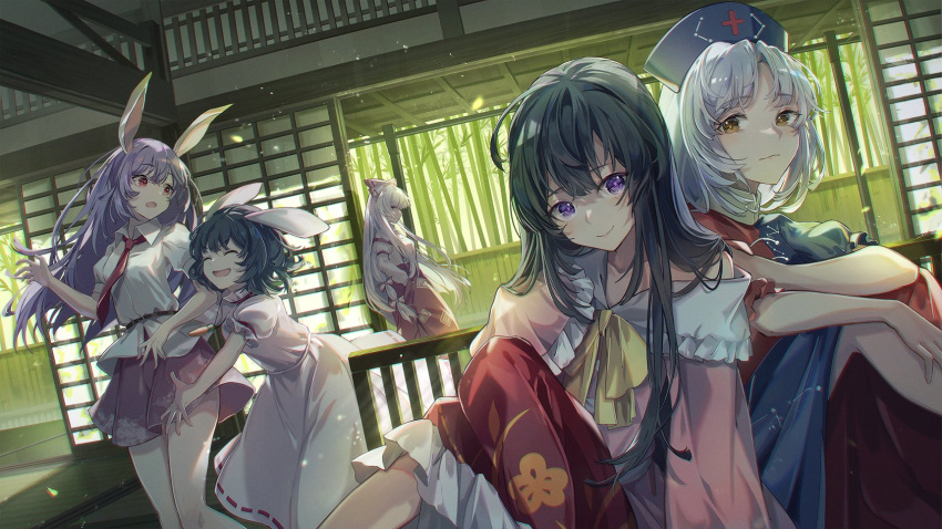 5girls alternate_eye_color animal_ears bamboo bamboo_forest black_hair blue_dress blue_headwear blush bow carrot_necklace closed_eyes closed_mouth collared_shirt commentary_request constellation_print cross dress eientei eyebrows_visible_through_hair forest frilled_skirt frills fujiwara_no_mokou hair_between_eyes hair_bow hands_in_pockets hat highres houraisan_kaguya inaba_tewi indoors japanese_clothes kyusoukyu light_purple_hair long_hair long_sleeves looking_at_another looking_at_viewer looking_to_the_side miniskirt multiple_girls nature necktie nurse_cap off_shoulder open_mouth pants pink_dress pink_shirt pink_skirt pleated_skirt profile puffy_short_sleeves puffy_sleeves rabbit_ears red_cross red_dress red_eyes red_necktie red_pants red_skirt reisen_udongein_inaba shirt short_hair short_sleeves shouji silver_hair skirt sleeves_past_wrists sliding_doors smile tatami touhou two-tone_dress violet_eyes white_bow white_hair white_shirt wide_sleeves yagokoro_eirin yellow_eyes