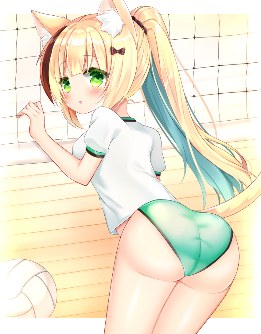 1girl :o animal_ear_fluff animal_ears ass bad_anatomy blonde_hair blue_hair blush breasts brown_hair buruma cat_ears cat_girl cat_tail commentary_request from_behind green_buruma green_eyes gym_shirt hand_up highres indoors long_hair looking_at_viewer looking_back medium_breasts multicolored_hair original parted_lips ponytail puffy_short_sleeves puffy_sleeves shikito shirt short_sleeves solo standing streaked_hair tail two-tone_hair very_long_hair volleyball volleyball_net white_shirt wooden_floor