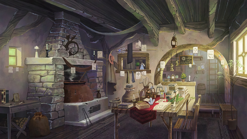 bag book cabin candle cauldron chair chimney commentary_request day doorway highres indoors naohiro no_humans open_book original paper plant pot potted_plant rug stirring_rod stove table window