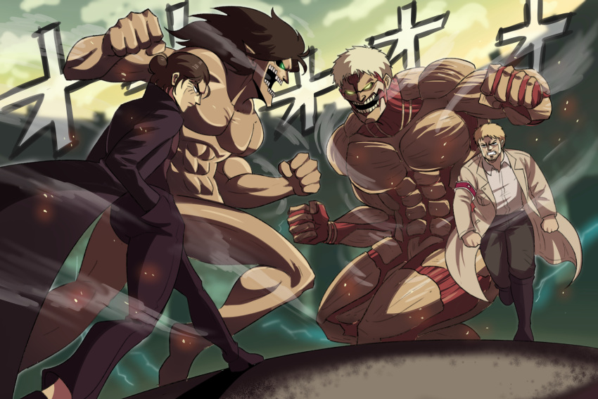 2boys angry armored_titan black_pants blonde_hair brown_hair clenched_hands clenched_teeth confrontation eren_yeager highres jojo_no_kimyou_na_bouken male_focus meme multiple_boys oh?_you're_approaching_me?_(meme) pants reiner_braun rogue_titan shingeki_no_kyojin stand_(jojo) stardust_crusaders teeth tina_fate walking