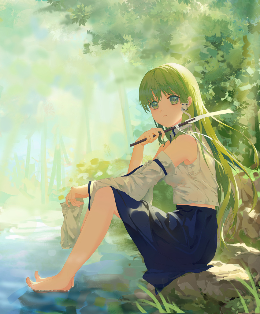 1girl :| bare_shoulders barefoot blue_skirt closed_mouth detached_sleeves dorsiflexion expressionless eyebrows_visible_through_hair forest from_side full_body gohei grass green_eyes green_hair hair_ornament hair_tubes highres holding holding_clothes holding_legwear jessicaxx knees_up kochiya_sanae leaf legwear_removed long_hair looking_at_viewer looking_to_the_side nature on_ground outdoors pond rock shirt single_sidelock sitting skirt snake snake_hair_ornament soaking_feet socks solo symbol-only_commentary toes touhou tree water white_legwear white_shirt wide_sleeves