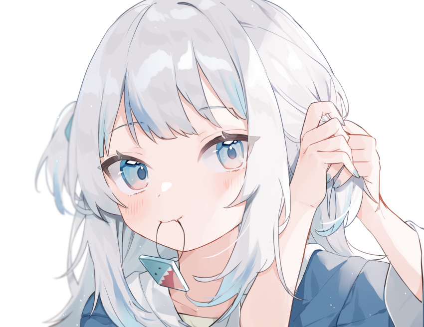 1girl adjusting_hair blue_eyes blue_hair blush colored_tips face fang gawr_gura grey_hair hair_ornament hair_tie_in_mouth hands_up highres hololive hololive_english medium_hair mokyuko mouth_hold multicolored_hair shark_hair_ornament simple_background skin_fang solo streaked_hair two_side_up tying_hair virtual_youtuber white_background