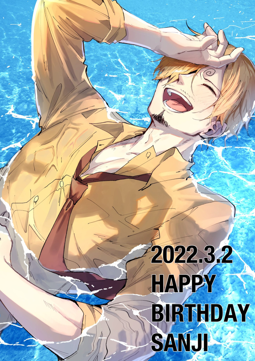 1boy blonde_hair closed_eyes commentary_request facial_hair floating hair_over_one_eye hand_on_own_face highres long_sleeves male_focus one_piece sanji short_hair smile sorase_(srsrs_000) swimming water