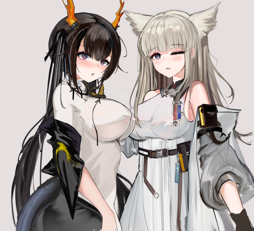 2girls :o absurdres animal_ears arknights arknights:_endfield bangs bare_shoulders belt belt_pouch black_hair blue_eyes blunt_bangs blush breasts cat_ears chinese_commentary commentary_request covered_nipples cowboy_shot dragon_girl dragon_horns dragon_tail dress endfield_dragon_girl_(arknights) eyebrows_visible_through_hair grey_background grey_jacket hand_on_another's_chin highres horns impossible_clothes impossible_dress jacket large_breasts long_hair looking_at_viewer mikuning multiple_girls off_shoulder one_eye_closed open_clothes open_jacket perlica_(arknights) pouch silver_hair simple_background tail tail_through_clothes twintails very_long_hair violet_eyes white_dress