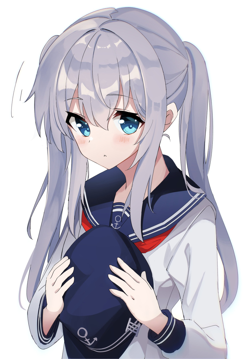 1girl absurdres alternate_hairstyle anchor_symbol blue_eyes blue_headwear blue_sailor_collar commentary_request eyebrows_visible_through_hair fathom hair_between_eyes hat hibiki_(kancolle) highres holding holding_clothes holding_hat kantai_collection long_sleeves looking_at_viewer neckerchief red_neckerchief sailor_collar sidelocks silver_hair twintails white_background