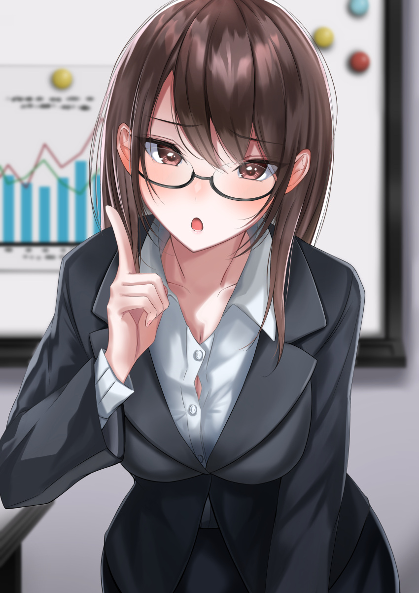 1girl :o absurdres bangs black-framed_eyewear black_jacket blazer blueorbit_hzmk blurry blurry_background blush brown_eyes brown_hair collarbone collared_shirt dress_shirt formal glasses hand_up highres index_finger_raised indoors jacket long_hair long_sleeves looking_at_viewer office_lady open_mouth original shirt solo standing suit white_shirt whiteboard