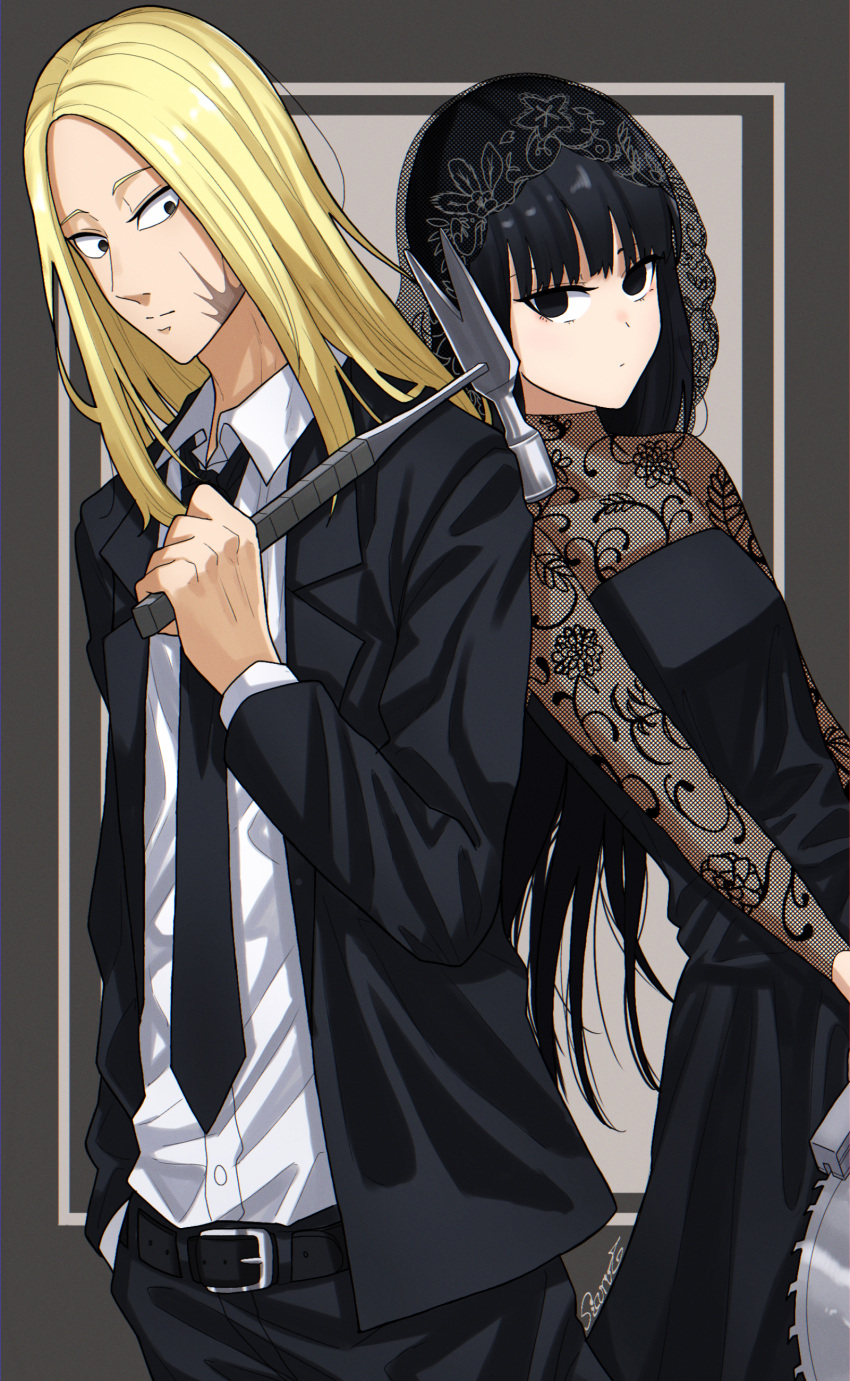 1boy 1girl absurdres artist_name black_dress black_eyes black_hair black_necktie black_pants black_suit blonde_hair dress fishnet_sleeves flat_chest formal hammer hand_in_pocket highres holding holding_hammer holding_weapon long_hair looking_at_viewer nagumo_(sakamoto_days) necktie osaragi_(sakamoto_days) pants sakamoto_days sawblade scar see-through see-through_sleeves shirt shishiruto simple_background standing suit veil very_long_hair weapon white_shirt