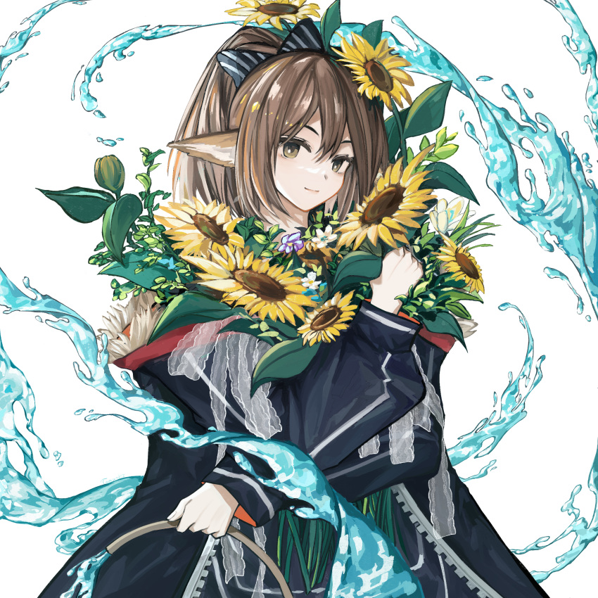 1girl animal_ears arknights bangs blue_jacket bow brown_eyes brown_hair commentary_request flower fox_ears hair_between_eyes hair_bow highres hose jacket long_hair long_sleeves looking_at_viewer perfumer_(arknights) simple_background smile solo striped striped_bow sunflower tamashii-s upper_body water white_background