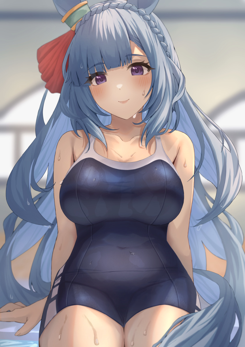 1girl animal_ears blue_eyes blue_hair blue_swimsuit blurry blurry_background braid breasts closed_mouth collarbone covered_navel ear_ribbon hair_ribbon highres horse_ears horse_girl horse_tail large_breasts long_hair looking_at_viewer mejiro_ardan_(umamusume) one-piece_swimsuit ribbon sitting smile solo swimsuit tail tepechi umamusume violet_eyes wet