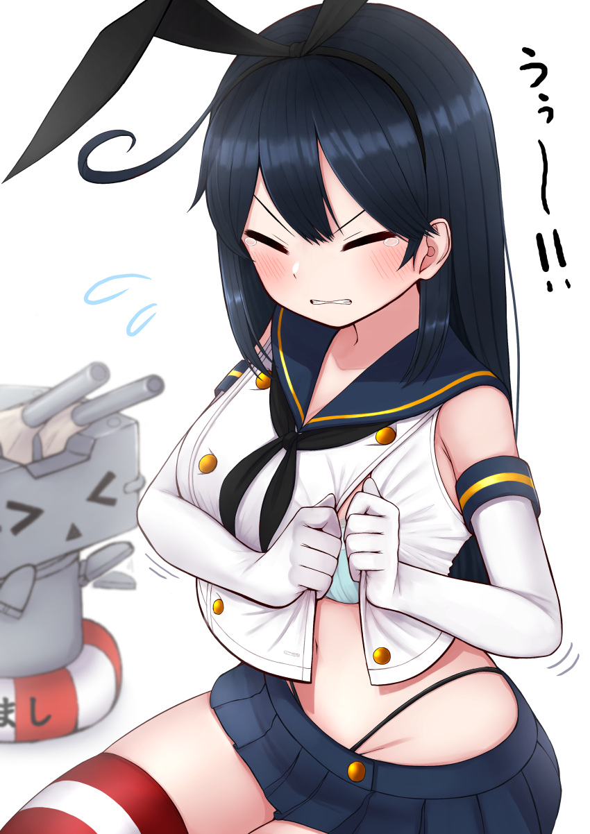 &gt;_&lt; 1girl absurdres anchor_hair_ornament black_hair black_hairband black_neckwear black_panties blue_bra blue_sailor_collar blue_skirt blush bra breasts buttons closed_eyes cosplay crop_top elbow_gloves flying_sweatdrops gloves hair_ornament hairband highleg highleg_panties highres kantai_collection lifebuoy long_hair microskirt midriff navel panties rensouhou-chan sailor_collar shimakaze_(kancolle) shimakaze_(kancolle)_(cosplay) skirt string_panties striped striped_legwear tears thigh-highs tiemu_(man190) underwear ushio_(kancolle) white_background white_gloves