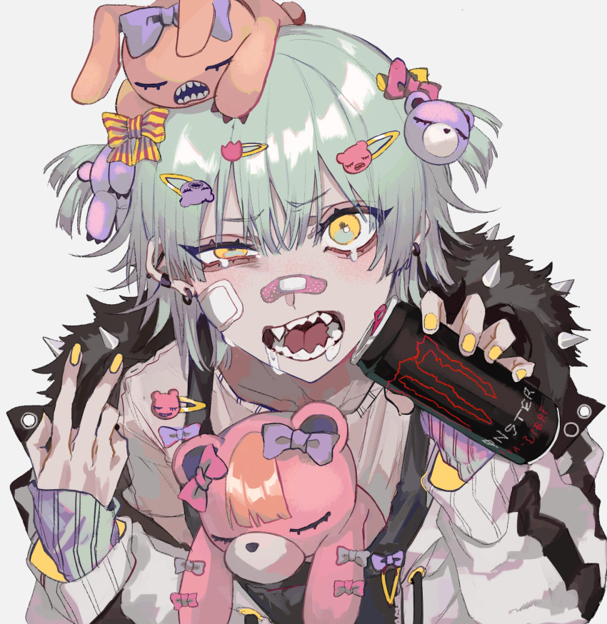 1boy bandaid bear_hair_ornament bow can energy_drink green_hair hair_ornament hairclip highres holding holding_can kuroume_(aihikarikuroume24) long_sleeves looking_at_viewer monster_energy open_mouth original sharp_teeth short_hair short_twintails simple_background solo spikes stuffed_animal stuffed_toy teddy_bear teeth tongue tongue_out twintails yellow_eyes