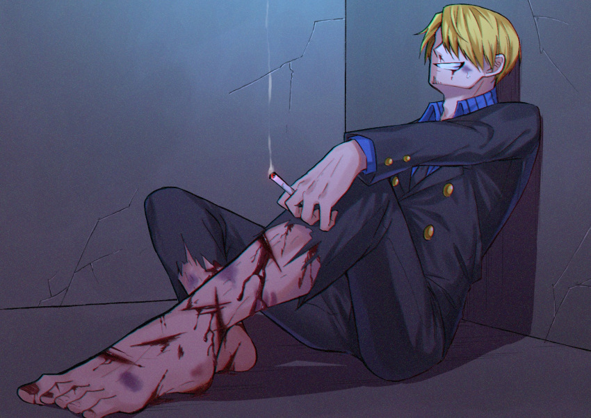 1boy barefoot between_fingers blonde_hair blood cigarette commentary_request facial_hair hair_over_one_eye indoors injury long_sleeves male_focus mouth_hold one_piece sanji short_hair smile smoking sorase_(srsrs_000) teeth